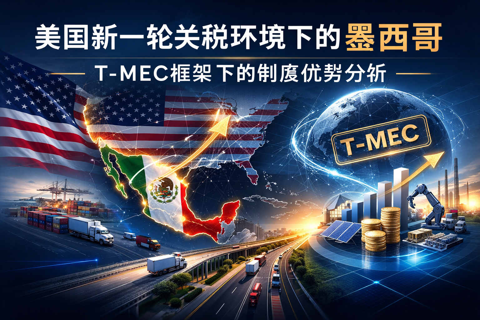 美国新一轮关税调整背景下墨西哥的战略定位示意图，展示T-MEC框架下的制度优势与供应链整合